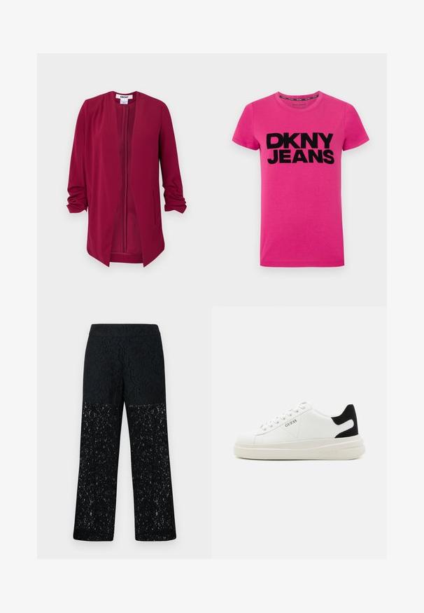 Veste bordeaux à l'avant ouvert avec des manches trois-quarts, texture lisse, deux poches latérales et plis subtils au niveau des épaules.; T-shirt rose à manches courtes en coton, arborant un logo noir en gras "DKNY JEANS" sur le devant. Encolure ronde simple, texture lisse.; Pantalons en dentelle noire avec un design à jambes larges. Caractérisés par des motifs floraux complexes sur une section inférieure semi-transparente, taille lisse.; Baskets en cuir blanc avec une épaisse semelle blanche, un accent en daim noir au niveau du talon et un logo embossé sur le côté. Design à lacets avec six œillets.