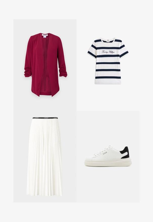 Burgundská otvorená bunda s tromi štvrtinovými rukávmi, hladká textura, dva bočné vrecká a jemné preklady na pleciach.; Bavlnené tričko s horizontálnymi námorníckymi pruhmi na bielom pozadí. "Tommy Hilfiger" vyšívané kurzívou na hrudi. Okrúhly výstrih.; Plisovaná biela sukňa s čiernym elastickým pásom s logom "LACOSTE". Sukňa je stredne dlhá a má mäkkú textúru.; Biele kožené tenisky s hrubou bielou podrážkou, čiernym zamekom na päte a vyrazeným logom na boku. Šnurovací dizajn so šiestimi očkami.