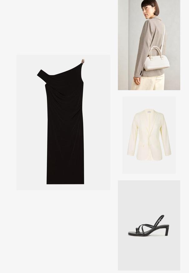 Jasnożółta marynarka z klapami, dwoma kieszeniami z przodu i zapięciem na guziki. Wykonana z gładkiego materiału o dopasowanym kroju.; Czarna sukienka na jedno ramię wykonana z drapowanej tkaniny, z złotym akcentem na ramieniu, gładką fakturą i długością do kolan.; Czarne sandały na obcasie z prostokątnym noskiem i niskim słupkowym obcasem. Posiadają wiele cienkich pasków i regulowany pasek na kostkę. Wykonane z gładkiej skóry.; Biała torebka o strukturalnym kształcie z krótkimi uchwytami i paskiem na ramię, z złotymi akcentami i teksturowanym materiałem, prezentowana na szarym tle.