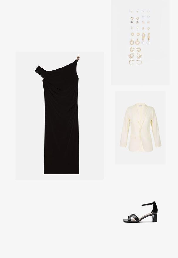 Light yellow blazer with a notch lapel, two front pockets, and button closure. Made from smooth fabric with a structured fit.; Black one-shoulder dress made of draped fabric featuring a gold accent on the shoulder, smooth texture, and knee-length design.; Black open-toe heeled sandal with crossed straps, adjustable ankle strap, and a chunky heel, featuring a smooth leather texture.; Black handbag with structured shape, smooth texture, and a metallic clasp. Paired with wide black pants and open-toe sandals on wooden floor.; Set of gold-tone earrings featuring various designs, including studs, hoops, and dangling pieces with pearls and rhinestones.