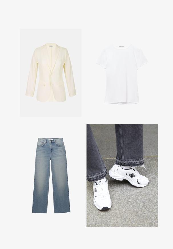 Ljusgul kavaj med slagkrage, två framfickor och knäppning. Tillverkad av ett slätt tyg med en strukturerad passform.; Vit kortärmad t-shirt i mjukt tyg, med rund halsringning och diskreta sömnadsdetaljer vid fållen.; Ljusblå vida jeans i denim, med hög midja, framfickor och knäppning. Slät textur med blekta områden.; Vita New Balance-sneakers har en överdel i mesh och syntetmaterial med svarta detaljer. Bärs med grå jeans med fransad fåll på en texturerad yta.