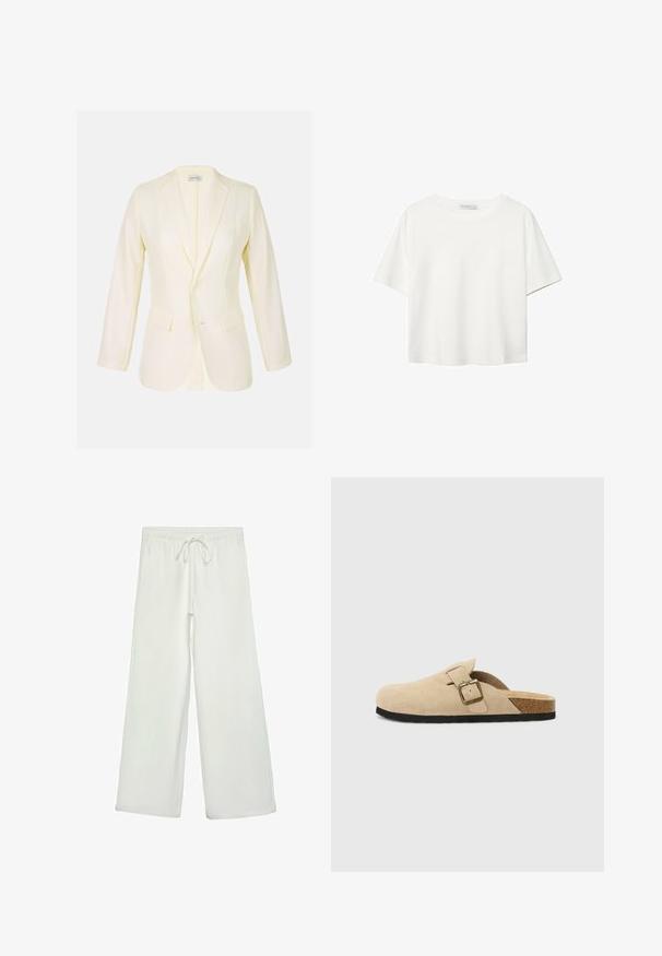 Vaaleankeltainen bleiseri, jossa on lovi-kaulus, kaksi etutaskua ja nappikiinnitys. Valmistettu sileästä kankaasta, jossa on rakenteellinen istuvuus.; Valkoinen lyhythihainen T-paita, joka on tehty puuvillasta. Siinä on pyöreä kaula-aukko ja rento malli. Silkkinen pinta ilman näkyviä kuvioita tai koristeita.; Valkoiset leveälahkeiset housut pehmeästä kankaasta. Varustettu joustavalla vyötäröllä ja nyörillä sekä sileällä pinnalla. Ei näkyviä kuvioita tai tarvikkeita.; Beige mokkasiner i semsket skinn med korksåle, rund tå og en enkel stropp med gulltone spenne. Gummisåle for godt grep.