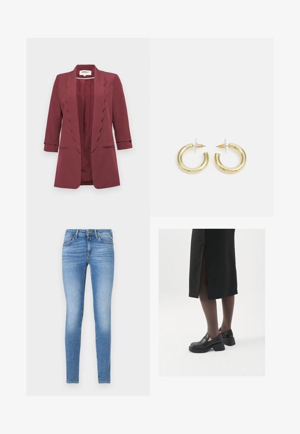 Burgundy blazer featuring scalloped lapels, three-quarter sleeves, and two front pockets; made of smooth fabric with a tailored fit.; Olive green ribbed long-sleeve top featuring a ruffled mock neck and shoulder accents, made from a stretchy fabric for a fitted silhouette.; Slim-fit light blue denim jeans with mid-rise waist, front button, and five-pocket design.; Black leather shoes with a rounded toe, thick block heel, and elastic side accents, paired with dark tights and a black skirt with a slit.; Gold hoop earrings with a smooth, shiny finish. Circular design featuring a small post and clear backing for secure wear.