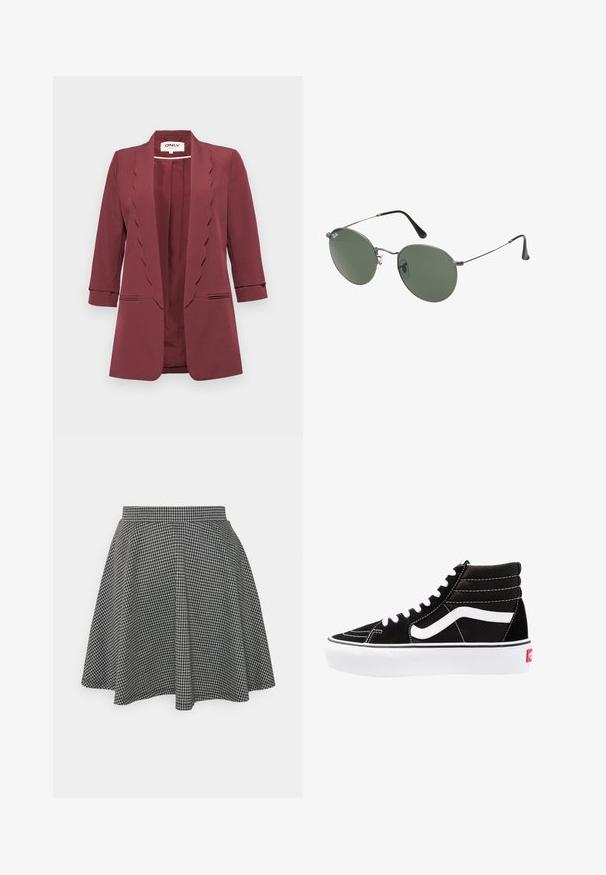 Sacou burgundy cu revere ondulate, mâneci până la cot și două buzunare frontale; realizat dintr-un material neted cu un croi adaptat.; Două topuri fără mâneci, în alb și negru, fabricate din bumbac ribbed, având decolteuri rotunde și un design ajustat. Etichetele sunt vizibile pe ambele.; Fustă de tip skater în carouri alb-negru, cu un waistband ajustat și o margine evazată, realizată dintr-un material texturat care afișează un model clasic.; Tenisi negri cu glezna înaltă, cu șireturi albe, un logo alb și cusături albe contrastante. Prezintă o talpă groasă albă și un exterior din nubuc texturat.; Ochelari de soare cu ramă metalică, dotati cu lentile ovale verzi. Ramă subțire din metal argintiu și ușițe negre. Design minimalist, fără logo-uri vizibile.