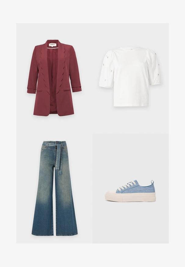 Burgundy blazer featuring scalloped lapels, three-quarter sleeves, and two front pockets; made of smooth fabric with a tailored fit.; White cotton t-shirt with short puff sleeves, featuring small silver embellishments along the sleeves. Classic round neckline, relaxed fit.; Wide-leg denim trousers featuring a light to dark blue gradient, high waist, belt loops, and a matching fabric belt. Textured denim finish.; Light blue canvas sneakers with a cream rubber toe cap and outsole, featuring white laces and a pull tab on the heel.