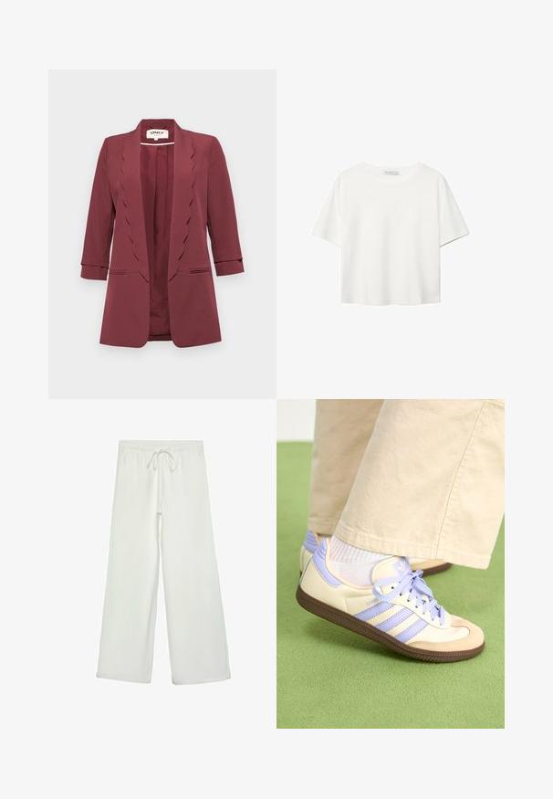 Bordový blejzr s vlnitými klopami, třičtvrtinovými rukávy a dvěma předními kapsami; vyrobený z hladkého materiálu s pohodlným střihem.; Bílý krátký rukáv tričko vyrobené z bavlny. Má kulatý výstřih a volný střih. Hladký materiál bez viditelných vzorů nebo akcentů.; Bílé kalhoty s širokými nohavicemi vyrobené z měkké tkaniny. Mají elastický pas se stahovací šňůrkou a hladkou strukturu. Žádné viditelné vzory ani kovové prvky.; Krémové a levandulové tenisky se třemi pruhy a texturovanou hnědou podrážkou, vybavené tkaničkami a polstrovanou patou. Měkký textilní svršek.