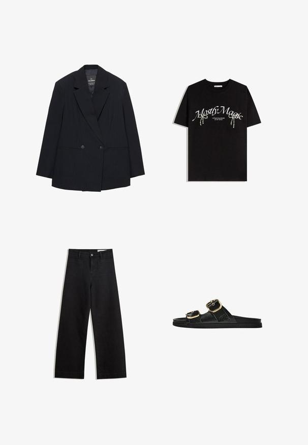 Sacou dublu cu dungi negre, cu rever clasic, două nasturi frontali, buzunare cu refilet și mâneci lungi, întins pe o suprafață plană.; Tricou din bumbac negru cu textul "Mostly Magic" în alb, decorat cu accente decorative din perle. Mâneci scurte, croială relaxată, guler rotund.; Pantaloni din denim negri cu picioare largi, cu talie înaltă, având buzunare frontale și posterioare, cusături dublate și închidere cu nasture. Textură netedă.; Sandalie negre cu toc plat, cu două accente de cataramă aurie, din material texturat neted și design minimalist.