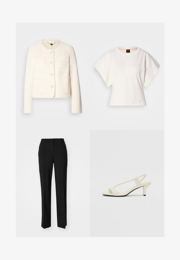 White wool jacket with a cropped design, four front pockets, round neckline, and frayed edges. Features five decorative buttons.; White cropped T-shirt, short wide sleeves, soft cotton material, round neckline with subtle orange trim, minimal design, no patterns or graphics.; Black tailored trousers with a straight-leg design, featuring a smooth texture and crisp creases along the front. No visible hardware.; Beige block-heeled sandals with thin straps and a square toe. Smooth material with minimal detailing, designed for easy wear.