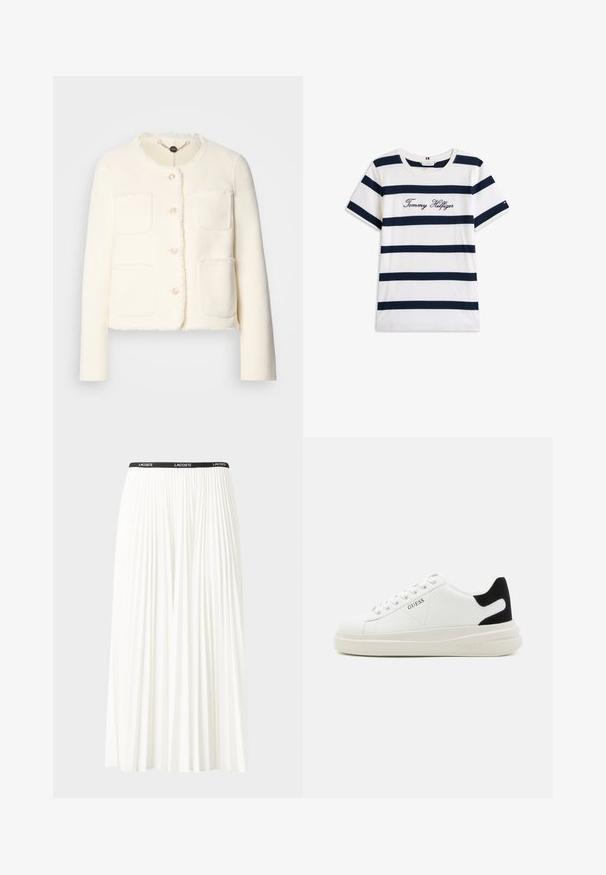 Fehér gyapjúdzseki, rövidített fazonnal, négy elülső zsebbel, kerek nyakkivágással és szálkás szélekkel. Öt díszgombbal rendelkezik.; Fehér alapú, vízszintes sötétkék csíkos pamut póló. A mellkason írásos stílusban hímzett "Tommy Hilfiger" felirat. Kerek nyakú.; Plisszírozott fehér szoknya fekete elasztikus derékkal, amelyen a "LACOSTE" logó található. Középhosszú kialakítás, puha tapintással.; Fehér bőr sportcipők vastag fehér talppal, fekete velúr sarokpikkelyel és dombornyomott logóval az oldalon. Fűzős kialakítás, hat fűzőlyukkal.