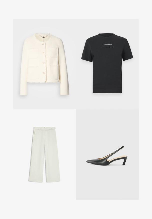 Witte wollen jas met een cropped ontwerp, vier voorkruiszakken, ronde halslijn en rafelige randen. Beschikt over vijf decoratieve knoppen.; Zwarte katoen T-shirt met een ronde halslijn, korte mouwen en een witte geprinte "Calvin Klein" logo en "Established 1968" tekst.; Wijde broek in licht crèmekleurige stof, met zijzakken, een platte voorkant en een enkele knoopsluiting bij de taille. Glad van textuur.; Zwarte puntige slingback schoen met een lage hak, gemaakt van soepel leer en voorzien van een uitsnede aan de zijkant voor ventilatie.