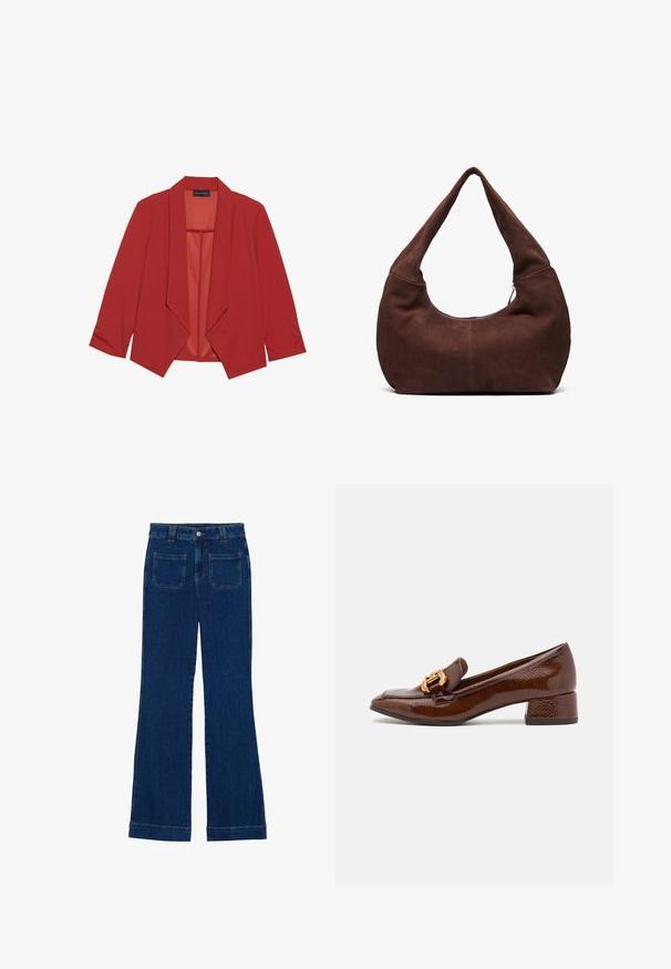 Sile punane bleiser, sujuva kangaga, millel on šaalikaelus, kolmeveerandi varrukad ja avatud eesmine disain. Ilma kinnitusteta.; Kolm pikavarsi T-särki: üks ühtlane burdeos, üks burdeos valgete triipudega ja üks ühtlane valge. Kõik on valmistatud pehmest, venivast kangast.; Tumedat sinised flared teksad, millel on sile tekstuur, viie tasku disain ja nupuga kinnitamine vööl.; Pruunid nahast loafersid läikiva viimistlusega, esiosal dekoratiivne kuldne pannal ja madal plokk konts. Klassikaline disain.; Pruuni nahkhiirekott, millega on kaasas kumer ja lai käepide ning suur avaus. Pehme tekstuuriga, mille servadel on nähtavad õmblustähed.