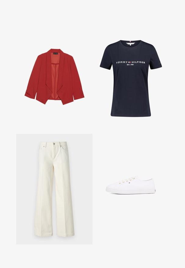 Blazer rosso in tessuto liscio, con colletto a scialle, maniche tre quarti e design aperto davanti. Senza chiusure.; T-shirt in cotone blu navy con maniche corte, caratterizzato dal testo bianco "TOMMY HILFIGER EST. 1985". Include un piccolo logo accento sulla manica.; Jeans bianchi a gamba larga realizzati in tessuto misto cotone. Presentano una chiusura lampo, design a cinque tasche e cuciture lungo le cuciture.; Sneaker bianco in tela con occhielli dorati, lacci piatti, suola in gomma strutturata e branding minimale sul lato. Design a profilo basso.