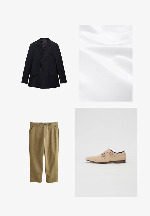 Mango MONACO - Sako - royal blue; Biely textil s hladkou štruktúrou, zobrazujúci záhyby a jemný lesk, čo naznačuje ľahký a mäkký materiál.; Khaki chinos vyrobené z bavlneného zmesi, s dvoma bočnými vreckami, zapínaním na gombík, rovnými nohavicami a hladkou textúrou.; Béžové semišové topánky s špicatou špičkou, dvojitými sponkami a nízkym dreveným podpätkom. Hladká textúra a minimalistický dizajn.