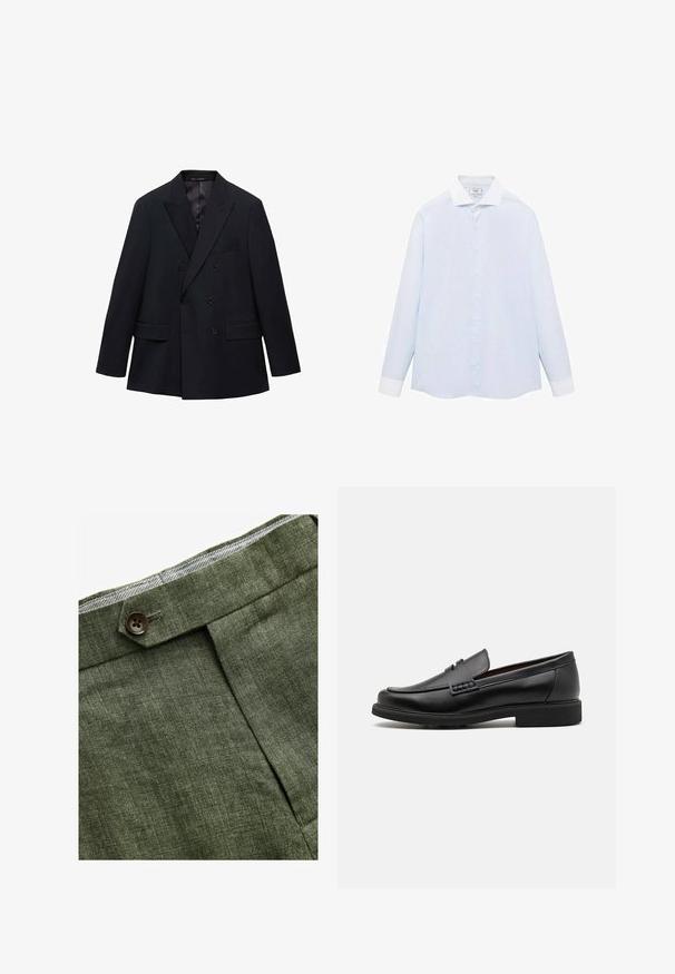 Mango MONACO - Suknjič - royal blue; Svetlo modra prugasta srajca z dolgimi rokavi in belim ovratnikom ter manšetami, z gumbasto sprednjo zaponko in ukrivljenim robom. Gladka tekstura tkanine.; Olivnozeleni laneni hlače s prednjim plisem, ki vključujejo gumb za zapiranje in kontrastno karirasto oblogo na pasu.; Črne sintetične loafers čevlje s poudarjenim šivanim sprednjim delom, blazinasto vložkom in ravnim gumijastim podplatom; eleganten dizajn z minimalnimi detajli.