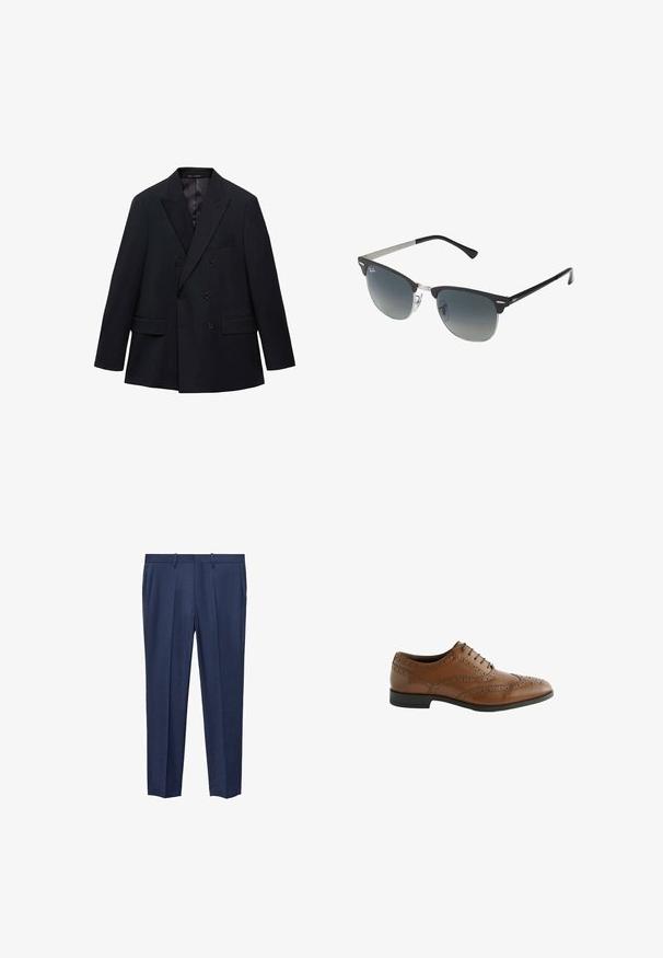 Mango MONACO - Sako - royal blue; Svetle modrá pruhovaná košile s dlouhým rukávem, bílým límečkem a manžetami, s předním zapínáním na knoflíky a zakřiveným lemem. Hladká textura látky.; Námořnické modré kalhoty vyrobené z texturované tkaniny, s plochým předním dílem, dvěma bočními kapsami a rovně střiženými nohavicemi.; Hnědé kožené společenské boty s propracovanými detaily v broguingu, kulatou špičkou a plochým podpatkem. Obsahují pět dírek na šněrování a hladkou texturu.; Černé a stříbrné sluneční brýle ve tvaru kočičích očí, se stupňovitými skly a kovovými detaily na rámu. Plastové nožičky s šedými konci.