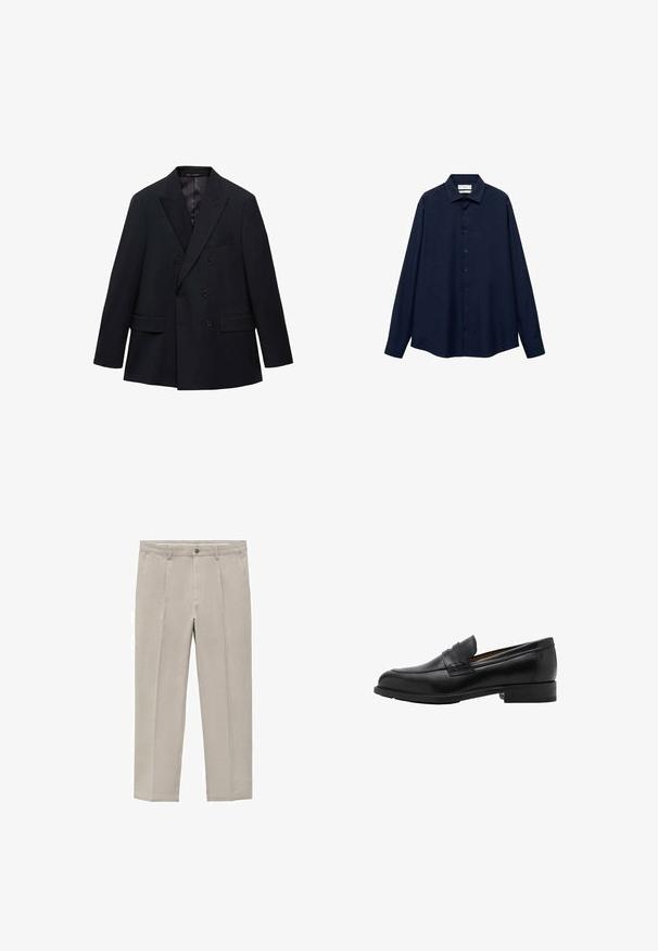 Mango MONACO - Sako - royal blue; Mornarčeva košulja s dugim rukavima, ovratnikom i ravnim rubom. Ima glatku teksturu i pet gumba na prednjem dijelu.; Svijetlosmeđi hlače od mješavine pamuka, s ravnim krojem, prednjim plićima, zatvaranjem na gumb i bočnim džepovima.; Crne kožne loafers c revama sprijeda i ravnim potplatom. Glatka tekstura s okruglim vrhom i ukrasnom trakom preko instep-a.