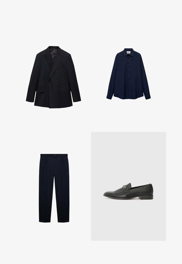 Mango MONACO - Giacca - royal blue; Camicia button-up blu navy con colletto, maniche lunghe e orlo dritto. Presenta una texture liscia e cinque bottoni frontali.; Pantaloni blu navy con frontale piatto realizzati in tessuto leggero e dalla texture liscia; presentano una chiusura con bottone e due tasche laterali.; Mocassino in pelle nera con finitura liscia, caratterizzato da un design cucito e da un accento decorativo in catena metallica sul vamp. Tacco piatto.