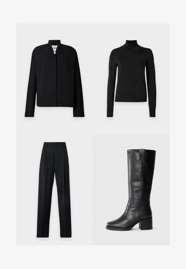 Fekete dzseki mandarin gallérral, hosszú ujjakkal és egyenes szabással. Texturált anyagból készült, rejtett elülső záródással rendelkezik.; Fekete, hosszú ujjú garbós pulóver bordás mandzsettákkal és aljjal, sima fehér háttér előtt bemutatva.; Fekete nadrág sima anyagból, magas derékkal, széles lábakkal, elülső redőkkel és klasszikus övhurkokkal. Oldalzsebek nem láthatók.; Fekete bőr, térd fölé érő csizmák sima textúrával, négyzetes orral, tömbsarkúval és oldalsó húzófüllel, minimális varrási részletekkel.