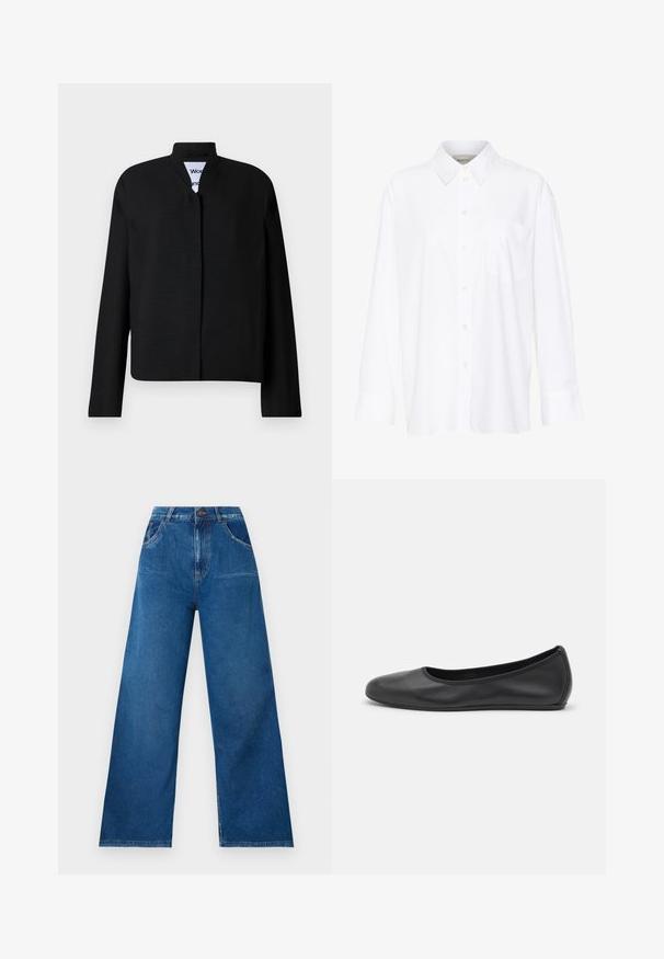 Czarna kurtka z kołnierzem mandaryńskim, długimi rękawami i prostym krojem. Wykonana z teksturowanej tkaniny, z ukrytym zapięciem z przodu.; Biała, długosleeve'owa koszula z kołnierzykiem, wykonana z bawełny. Posiada zapięcie na guziki z przodu oraz jedną kieszeń na piersi. Gładka tekstura, luźny krój.; Szerokie dżinsy w ciemnoniebieskim deninie z wysokim stanem, z przednimi i tylnymi kieszeniami oraz kontrastowymi przeszyciami.; Czarne skórzane baletki z zaokrąglonym noskiem, gładką fakturą, minimalnymi przeszyciami i elastycznym designem podeszwy.