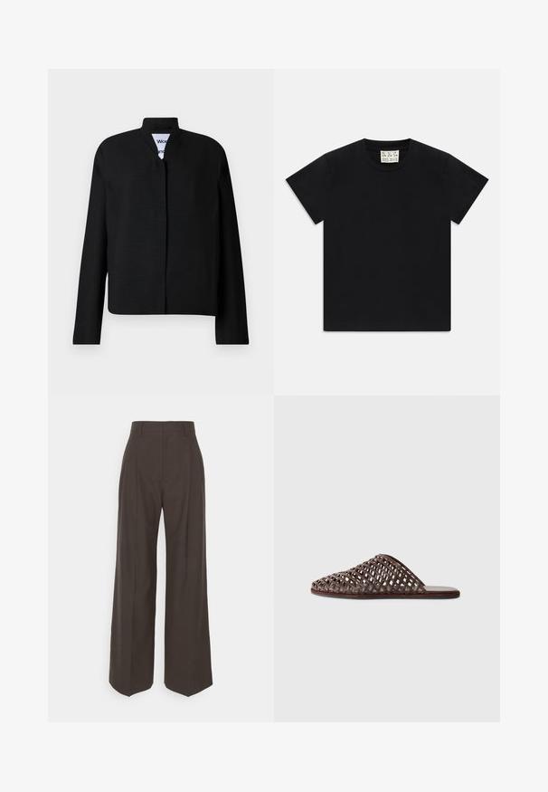 Melna jaka ar mandarin apkakli, garām piedurknēm un taisnu griezumu. Izgatavota no teksturēta auduma, ar slēgtu priekšējo aizdari.; Melns īsām piedurknēm kreklus ar balto uzlīmi iekšā apkaklītē, kas apzīmēta ar "D.R.C. EST. 2002" uz baltas fona.; Tumši brūni platajiem galiem bikses ar augstu jostasvietu, kas pieejamas ar uzmanīgi presētām krokām, gludu tekstūru un pielāgotu piegriezumu.; Brūni austs slaidu sandales ar noapaļotu pirkstu, atvērtu dizainu, plakanu zoli un teksturētu virsmu. Viegls materiāls un minimālistiska siluets.