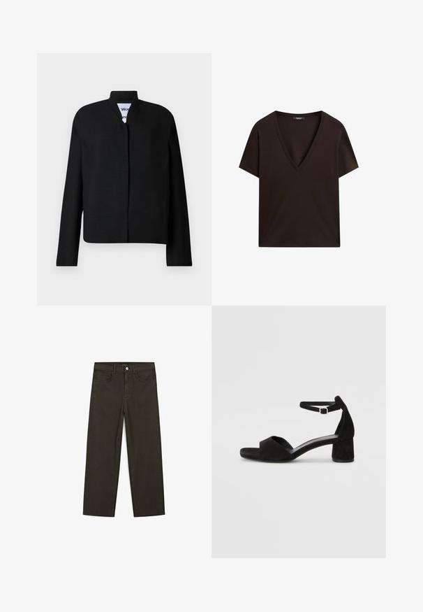 Black jacket with a mandarin collar, long sleeves, and a straight cut. Made of a textured fabric, featuring a concealed front closure.; Black V-neck t-shirt with short sleeves, made from soft, smooth fabric. Features a relaxed fit and simple design without patterns or accents.; Dark green wide-leg jeans made of cotton blend, featuring a front button closure, five pockets, and classic denim stitching.; Black suede heeled sandals with a thin ankle strap, open toe design, and a modest block heel. Smooth texture and minimal accents.