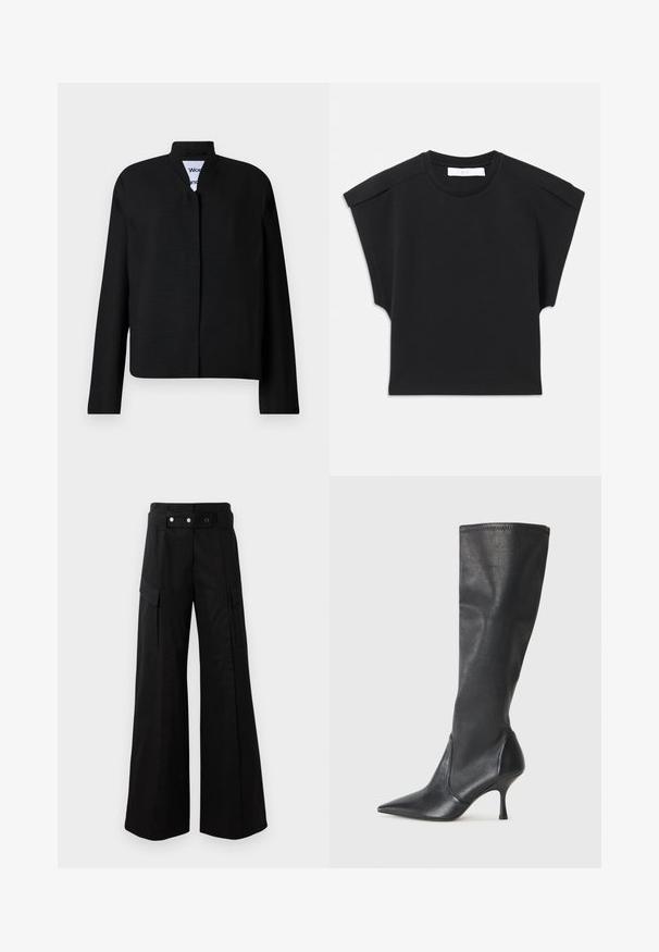 Černá bunda s mandarinovým límcem, dlouhými rukávy a rovný střih. Vyrobena z texturované látky, se skrytým předním zapínáním.; Černý krátký rukáv top s kulatým výstřihem a detaily na ramenou, položený na bílé pozadí.; Černé kalhoty s širokými nohavicemi a vysokým pasem, které mají velké boční kapsy, dva přední knoflíky a detail v podobě poutka. Vyrobeno z pevné látky.; Černé kožené vysoké boty do kolen s špičatou špičkou a štíhlým jehlovým podpatkem. Hladká textura s přiléhavým střihem a přešitím na horním okraji.
