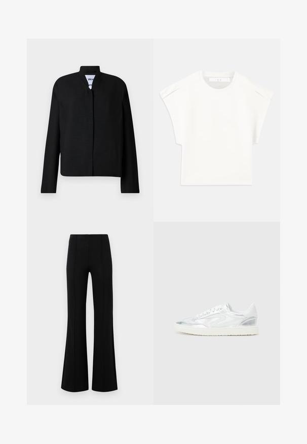Musta takki mandariinikaulusega, pikkade varrukatega ja sirge lõikega. Valmistatud tekstuurilisest kangast, varjatud eest sulgemisega.; Valkoinen laatikkomainen t-paita lyhyillä hihoilla. Valmistettu sileästä kankaasta, jossa on pyöreä pääntie ja hienovaraiset olkapään korostukset. Yksinkertainen muotoilu.; Musta leveälahkeinen housu, jossa on korkea vyötärö, valmistettu joustavasta kankaasta. Etupuolella on pystysaumayksityiskohtia ja sileä pinta.; Valkoiset lenkkarit, joissa on metallinhohtoiset hopea-yksityiskohdat, sileä pinta, pyöristetty kärki, litteä pohja ja perinteinen nauhakiinnitys.