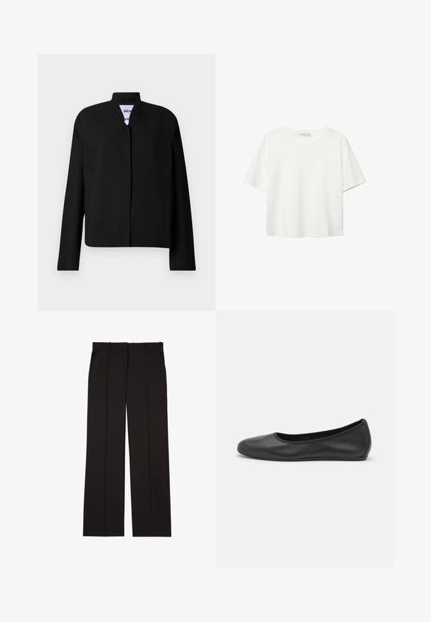 Černá bunda s mandarinovým límcem, dlouhými rukávy a rovný střih. Vyrobena z texturované látky, se skrytým předním zapínáním.; Bílý krátký rukáv tričko vyrobené z bavlny. Má kulatý výstřih a volný střih. Hladký materiál bez viditelných vzorů nebo akcentů.; Černé elegantní kalhoty na míru vyrobené z hladké látky, s rovnými nohavicemi a dvěma postranními kapsami. Elegantní a minimalistická konstrukce.; Černé kožené baletní byty s kulatou špičkou, hladkou texturou, minimálními švy a flexibilním designem podrážky.