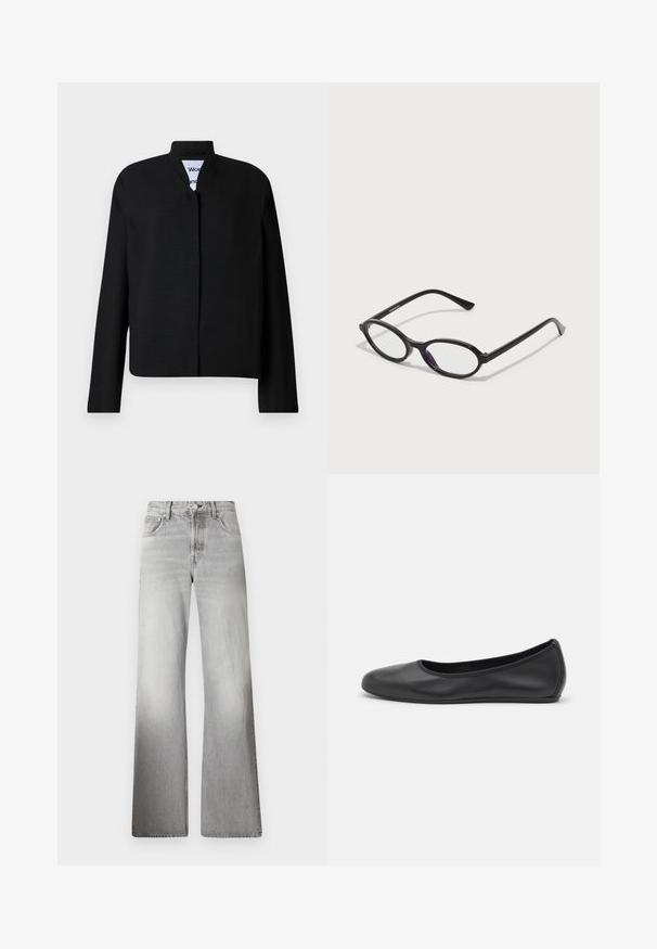 Černá bunda s mandarinovým límcem, dlouhými rukávy a rovný střih. Vyrobena z texturované látky, se skrytým předním zapínáním.; Bílý krátký rukáv tričko vyrobené z bavlny. Má kulatý výstřih a volný střih. Hladký materiál bez viditelných vzorů nebo akcentů.; Šedé denimové široké kalhoty s vysokým pasem, vybledlým vzhledem, pěti kapsami a jezdcem s uzávěrem na knoflík.; Černé kožené baletní byty s kulatou špičkou, hladkou texturou, minimálními švy a flexibilním designem podrážky.; Černé brýle oválného tvaru s průhlednými purpurovými akcenty na čočkách. Rám má matný povrch a štíhlé, rovné nožičky.