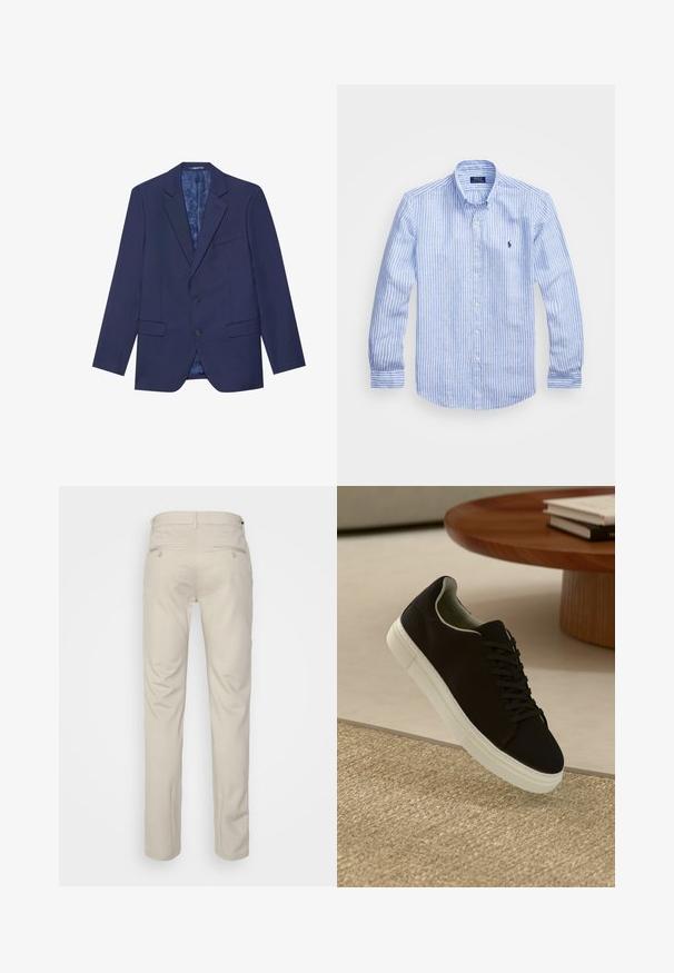 Jūras zilas kultūras žakete ar diviem pogām, izceltām lapelēm un divām priekšējām kabatām. Iekšpusei ir rakstaina odere. Tekstūrēta auduma.; Zila un baltā svītru garām piedurknēm krekls izgatavots no kokvilnas, ar pogājamu apkakli, priekšējām pogām un nelielu izšūtu logotipu uz krūtīm.; Bežīgas bikses ar gludu tekstūru, taisnas kājas, divas aizmugurējās kabatas ar pogām un standarta jostas vietu.; Melni sporta apavi ar baltu zoli, kas peld virs bēša tekstūrēta paklāja netālu no apaļa koka galda ar sakrautiem grāmatām.