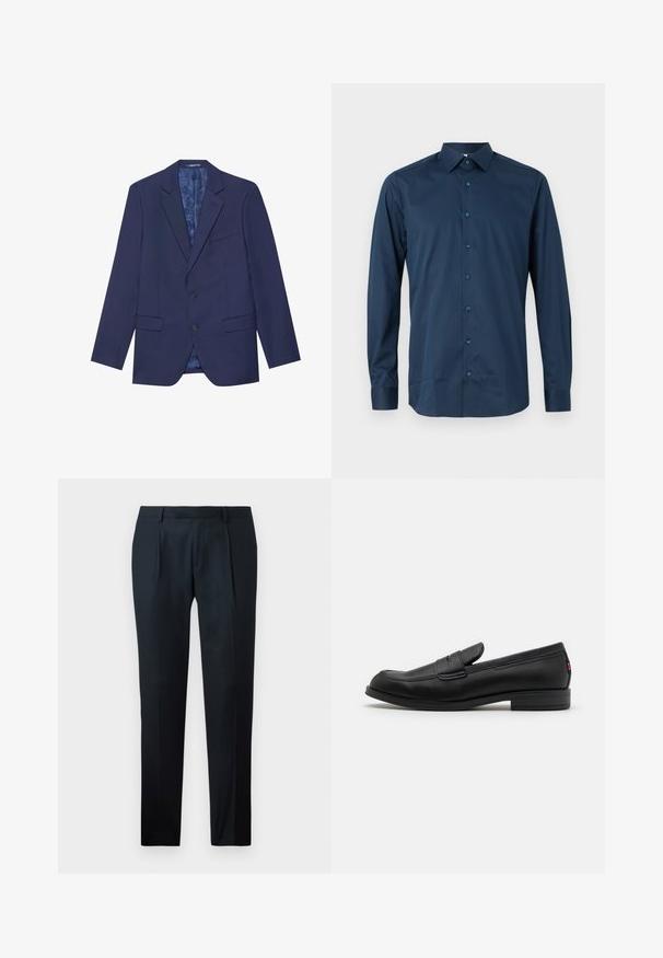 Granatowa marynarka z dwoma guzikami, szpiczastymi klapami i dwiema przednimi kieszeniami. Wnętrze zdobi wzorzysta podszewka. Teksturowany materiał.; Granatowa, długorękawowa koszula zapinana na guziki z gładkiego materiału. Posiada klasyczny kołnierzyk, zakładkę z przodu z dopasowanymi guzikami oraz mankiety z zapięciem.; Czarne spodnie o dopasowanym kroju, wykonane z gładkiego materiału, z wąskim fasonem, dwoma fałdami z przodu i płaskim pasem bez widocznych elementów hardware.; Czarne skórzane loafersy o gładkim wykończeniu, zaokrąglonym czubku i małym dekoracyjnym klapku. Posiadają niską, warstwową podeszwę oraz subtelny detal z brandingiem.