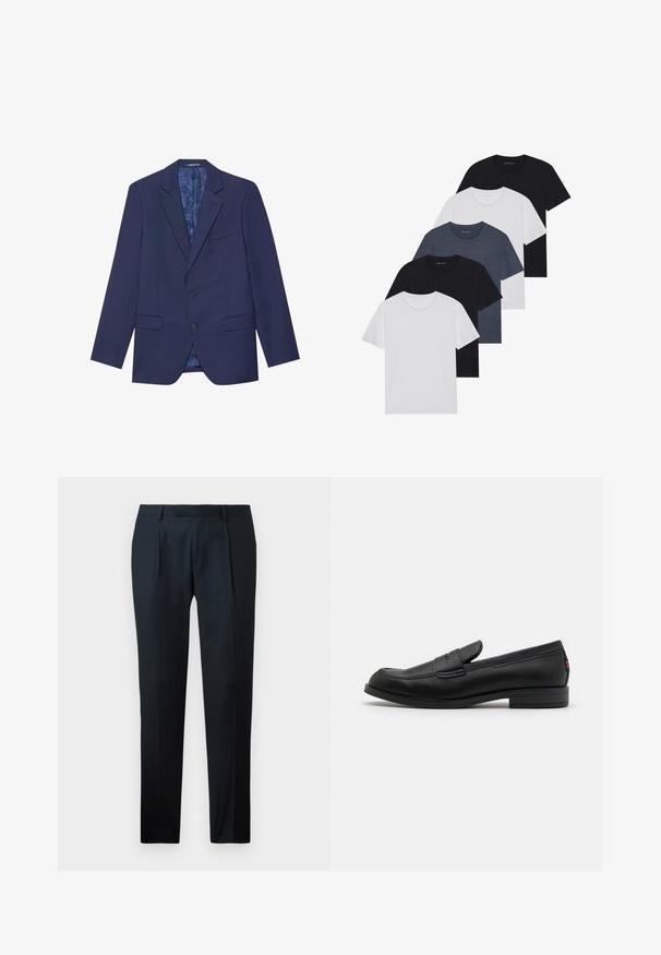Marineblå blazer med to knapper, spisse reverser og to frontlommer. Innvendig har den et mønstret fôr. Teksturt stoff.; Sett av fem t-skjorter i svart, hvit og marineblå. 100% bomull, kortermet, rund halsdesign og ensfarget uten mønstre.; Sorte skreddersydde bukser laget av glatt stoff, med en slim fit-design, to frontfolder og en flat midje uten synlig maskinvare.; Sorte lærlofter med en glat overflade, rund tå og en lille dekorativ flap. Har en lav stablet hæl og diskret brandingdetalje.