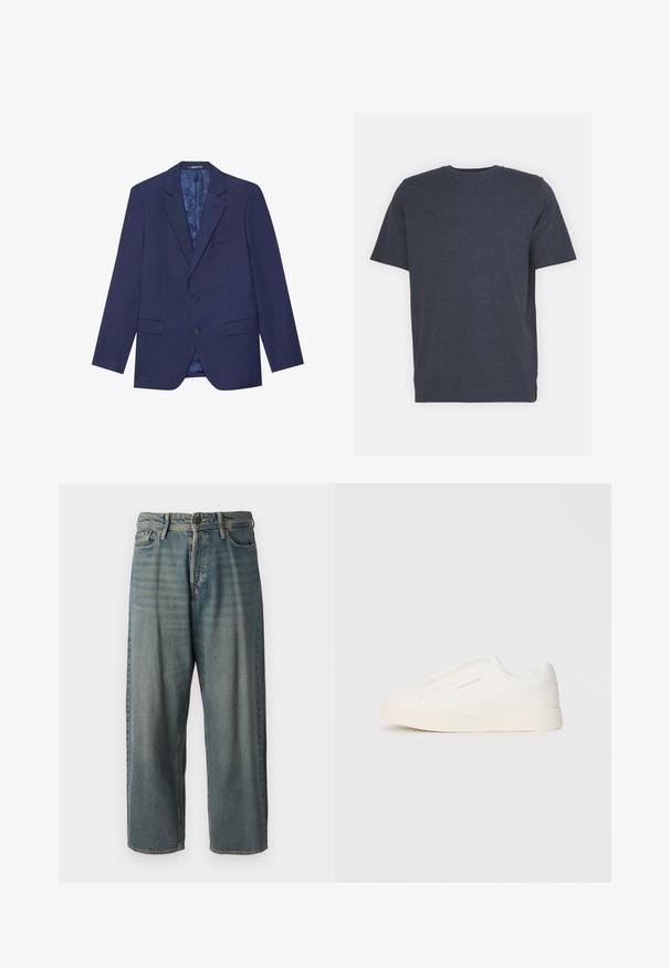 Ναυτικό μπλε σακάκι με δύο κουμπιά, αιχμηρά πέτα και δύο μπροστινές τσέπες. Το εσωτερικό διαθέτει επένδυση με σχέδιο. Υφή υφάσματος.; Μπλέ ναυτικό μπλουζάκι με στρογγυλή λαιμόκοψη, κατασκευασμένο από μαλακό ύφασμα μείγματος βαμβακιού, με κοντά μανίκια και κανονική εφαρμογή. Χωρίς ορατά σχέδια ή διακοσμητικά.; Ανοιχτό μπλε τζιν παντελόνι με χαλαρή γραμμή, μέση μέσου ύψους και ευθείες γραμμές. Περιλαμβάνει πέντε τσέπες, θηλιές ζώνης και κούμπωμα με κουμπί.; Λευκά slip-on παπούτσια με υφή, παχύ πάτο και μινιμαλιστικό σχέδιο. Φέρει το λογότυπο της μάρκας στο πλάι.