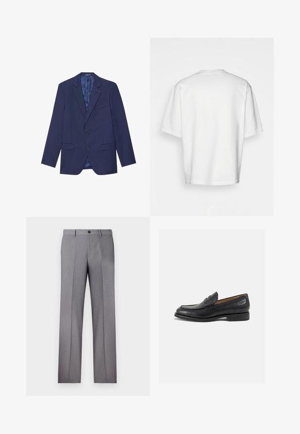 Mornarsko plavi sako s dva gumba, s vrhunskim reverom i dva prednja džepa. Unutrašnjost sakoa ima oblogu s uzorkom. Tkanina je teksturirana.; Bijela majica kratkih rukava, slobodnog kroja, okruglog izreza, od glatke pamučne tkanine, bez ukrasa na leđima, ravnog donjeg ruba, bez uzoraka ili naglasaka.; Sive krojene hlače s ravnim prednjim dijelom, dva bočna džepa i jedan gumb za zatvaranje. Glatka tekstura s suptilnim uzorkom prugica.; Crne kožne loferice s glatkom površinom, zaobljenim vrhom i dekorativnim šavom na gornjem dijelu. Nizak potplat s malim potpeticama i blagi sjaj.
