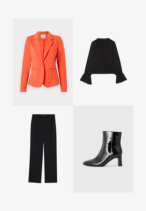 Koraal blazer van soepel materiaal met een getailleerd ontwerp, enkele knoopsluiting, ingekeepte revers en twee voorzakken.; Zwarte langemouwen top met uitlopende manchetten, een zachte textuur en een relaxed fit, met een eenvoudige ronde halslijn.; Zwarte broeken met een rechte pijpontwerp, voorzien van twee voorkanten zakken en een tailleband. Gemaakt van een gladde, lichte stof.; Zwarte gepolijste leren enkellaars met een spitse neus en een blokhak van gemiddelde hoogte. Glad textuur en minimalistisch ontwerp.