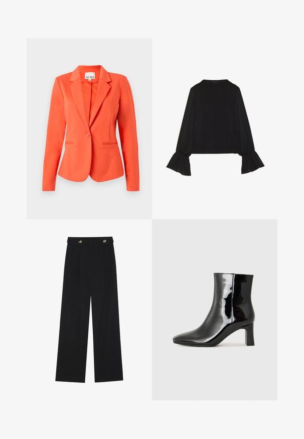 Koraliowy żakiet wykonany z gładkiego materiału, o dopasowanym kroju, z zapięciem na jeden guzik, klapami i dwiema przednimi kieszeniami.; Czarny top z długim rękawem, z rozkloszowanymi mankietami, miękką fakturą i luźnym krojem, z prostym okrągłym dekoltem.; Czarne szerokie spodnie z wysokim stanem, z detalami w postaci guzików na pasku oraz plisami z przodu.; Czarne lakierowane botki za kostkę z wysmukłym noskiem i średniej wysokości obcasem w kształcie słupka. Gładka tekstura i minimalistyczny design.