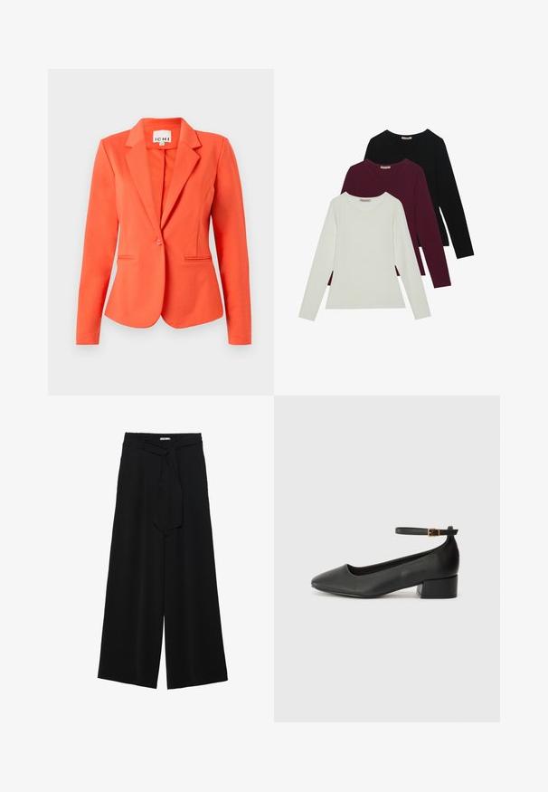 Koraliowy żakiet wykonany z gładkiego materiału, o dopasowanym kroju, z zapięciem na jeden guzik, klapami i dwiema przednimi kieszeniami.; Koszulki z długim rękawem w kolorach białym, burgundowym i czarnym. Wykonane z miękkiej tkaniny, z okrągłym dekoltem i dopasowanym krojem. Idealne do warstwowego ubierania.; Czarne spodnie szerokie z teksturowanej tkaniny, z elastycznym paskiem w talii i odpinanym paskiem w talii dla regulowanego dopasowania.; Czarne skórzane szpilki z ostrym noskiem i niskim słupkowym obcasem. Wyposażone w pasek na kostkę z złotym zapięciem. Gładka tekstura.