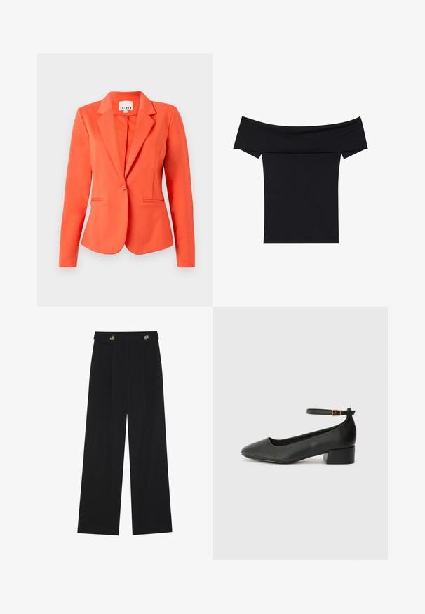 Korallivärvi ülikond, mis on valmistatud sileda kangaga, sobitatud disainiga, ühe nupuklõpsuga, sisselõigatud krae ja kahe eesmise taskuga.; Must värvitud top, mis jääb õlgadele, on valmistatud pehmest ja venivast kangast. Sellel on lühikesed varrukad ja kohandatud siluett. Lihtne, õmblusteta disain.; Mustad laiad püksid kõrge vöökoha ja nööpdetailidega vööandil, esikortsudega.; Must mustaapp, millel on terav nina ja madal blokk-kand. Omab pahkluu rihma koos kuldse tooni pandlaga. Sile tekstuur.