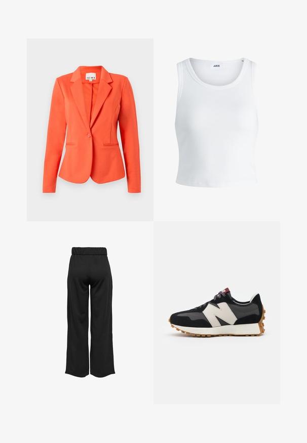 Korallblazer laget av glatt stoff med en tettsittende design, enkelt knappelukking, notched lapels og to frontlommer.; Hvit ribbestrikket tank topp med rund hals, uten ermer og croppe lengde. Merket leser "JJXX." Glatt stoff tekstur.; Svarte, vide bukser med elastisk midje, laget av glatt stoff. Har et rent design uten lommer eller synlige sømmer.; Sorte og grå sued sneakers med et stort cremefarvet "N" logo, lilla snørebånd og en tekstureret gummisål.