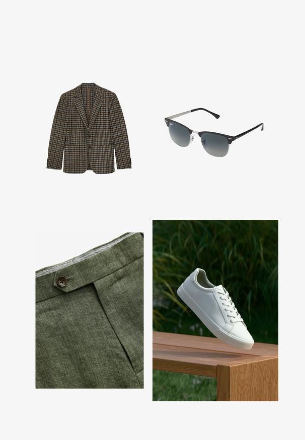 Braun und blau karierter Blazer, einreihige Ausführung, Reverskragen, zwei frontale Taschen, strukturierter Wollstoff, Akzente mit drei Knöpfen an den Ärmeln.; Himmelblauses gestreiftes Langarmhemd mit weißem Kragen und Manschetten, mit einer Knopfleiste vorne und einem abgerundeten Saum. Glatte Stofftextur.; Olivengrüne Leinenhose mit einem Bundfalten, ausgestattet mit einem Knopfverschluss und einem kontrastierenden karierten Futter am Bund.; Weiße Schnürsneaker, die über einer Holzbank mit grünem Laub im Hintergrund schweben und das Schuhdesign sowie die Textur zeigen.; Schwarze und silberne Sonnenbrille mit Katzenaugenform, verlaufenden Gläsern und metallischen Akzenten im Rahmen. Plastische Bügel mit grauen Spitzen.