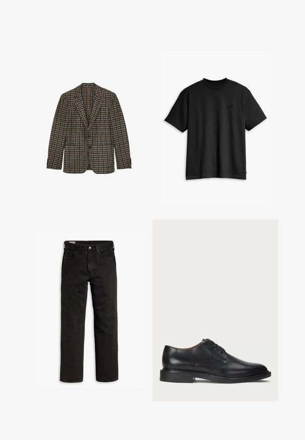 Smešani smeđi i plavi karirani sako, jednoslojni dizajn, reveri s krojem, dva prednja džepa, strukturirana vunena tkanina, akcenti s tri dugmeta na manžetama.; Crna pamučna majica s kratkim rukavima i okruglim izrezom. Ima suptilan logo na prednjoj strani i ravni rub. Jednostavan i minimalistički dizajn.; Crne traperice ravnog kroja s pet džepova, kopčom na dugme i petljama za pojas, položene ravno na bijeloj pozadini.; Crne kožne cipele s okruglim vrhom, vezanjem i niskim stogom. Glatka tekstura s minimalnim šavovima.