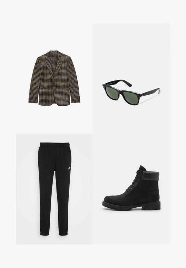 Blazer a quadri marrone e blu, design monopetto, colletto a revers, due tasche frontali, tessuto in lana testurizzato, dettagli con tre bottoni ai polsini.; T-shirt bianco in cotone con maniche corte, scollatura tonda e linea dritta. Texture liscia senza motivi o dettagli visibili.; Pantaloni da jogger neri con vita elasticizzata, polsini alle caviglie e un piccolo logo Nike bianco sul lato sinistro. Realizzati in un morbido tessuto testurizzato.; Stivale alla caviglia nero con lacci, colletto imbottito e suola robusta, mostrato in profilo su uno sfondo bianco.; Occhiali da sole in plastica nera con lenti verdi, montatura quadrata, dettaglio argento sulla parte superiore e steli con texture. Marchio indicato sulla parte interna dello stelo.