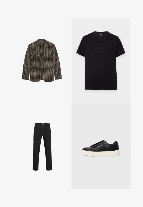 Blazer a quadri marrone e blu, design monopetto, colletto a revers, due tasche frontali, tessuto in lana testurizzato, dettagli con tre bottoni ai polsini.; T-shirt in cotone nero con maniche corte e scollatura rotonda. Presenta la scritta "ORIGINALS Studio" in rilievo con lettering tonale sul davanti.; Pantaloni neri in cotone, con taglio dritto, passanti per cintura, chiusura con zip e bottone, e tasche laterali.; Sneaker nera slip-on con parte superiore in pelle texturizzata, suola in gomma bianca e senza lacci visibili. Presenta il logo del marchio sul lato.