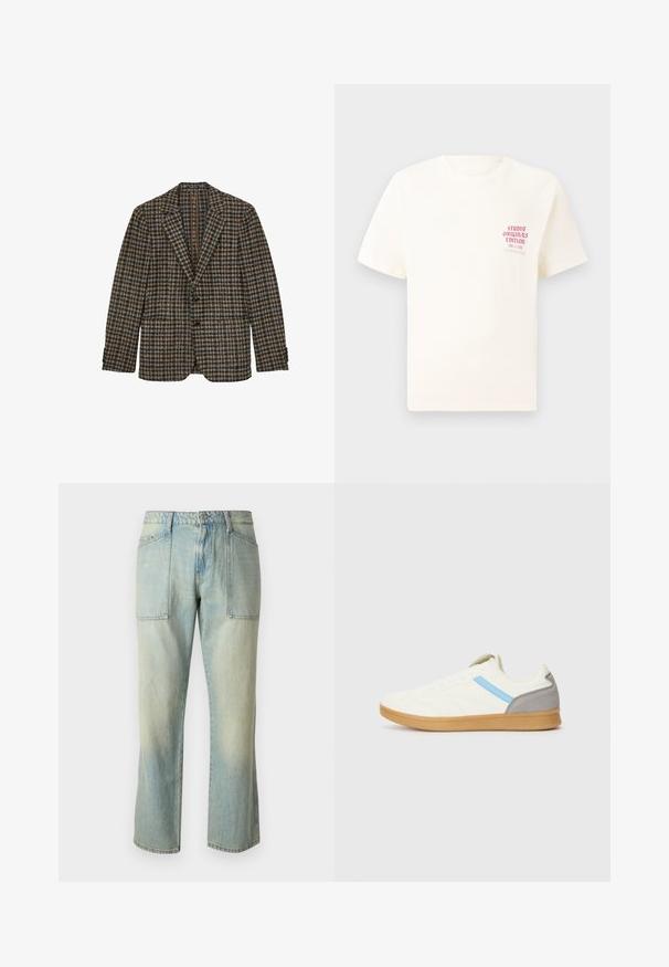 Blazer a quadri marrone e blu, design monopetto, colletto a revers, due tasche frontali, tessuto in lana testurizzato, dettagli con tre bottoni ai polsini.; T-shirt bianco a maniche corte con testo rosso "Studio Originals Edition" sul lato sinistro del petto, esposto su uno sfondo grigio neutro.; Jeans in denim azzurro chiaro con taglio dritto, cuciture visibili e due ampie tasche frontali. Il tessuto ha una texture sbiadita.; Sneaker con una parte superiore color crema, striscia laterale blu e accentuazione grigia sul tallone. Presenta un design testurizzato e suola in gomma naturale.