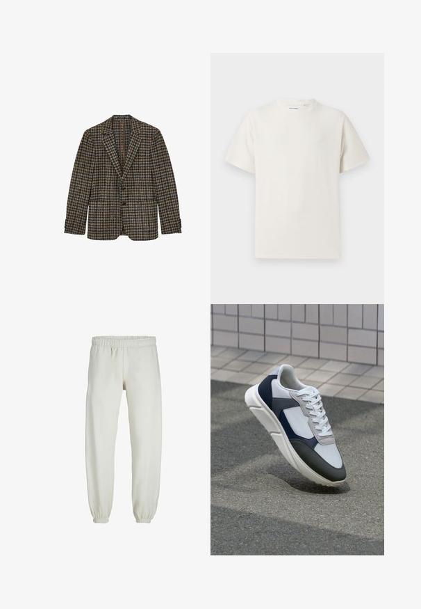 Barna és kék kockás blézer, egysoros dizájn, kihajtott lapok, két elülső zseb, texturált gyapjú anyag, három gombos mandzsetta részletek.; Fehér, rövid ujjú póló bordázott textúrával. Kerek nyakkivágás, laza szabás, nincs látható minta vagy díszítés. Egyszerű és sokoldalú dizájn.; Fehér melegítőnadrág, puha anyagból készült, rugalmas derékrésszel és mandzsettával, sima tapintású és laza szabású.; Fehér, tengerészkék és szürke sneaker vegyes anyagokból készült dizájnnal, amely textúrázott felsőrésszel, lapos fűzőkkel és párnázott talppal rendelkezik.