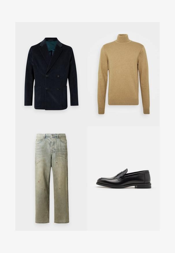 Tume merev kašmiirist valmistatud topeltklapptorm, millel on kaks esipakki ja kontrastne teal värvi vooder.; Beige kõrge kaelusega sveter, mis on valmistatud pehmest kudumisest. Omab pikki varrukaid ja istuvat lõiget. Ribitud äärise ja kaeluse aktsendid.; Karmiinroheline kulunud denim teksapüksid, millel on sirge jalg, viie taskuga disain ning ebaühtlane pleekimine koos värvikrõpsudega.; Mustad mustad nahast loafers sileda tekstuuriga, ümarat ninaosa ja dekoratiivne riba vampi üle. Madal kihiline konts, minimalistlik disain.