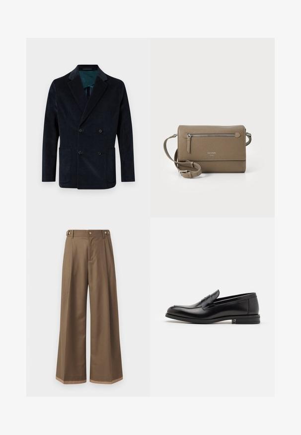 Dvouřadový tmavě námořnický blejzr vyrobený z manšestru, s dvěma předními kapsami a kontrastní šedozelenou podšívkou.; Bílá dlouhá košile s knoflíky vyrobená z bavlny, která má náprsní kapsu s tónovanou výšivkou, límec a knoflíkové manžety.; Široké kalhoty z tmavě hnědé tkaniny, které mají dvě boční kapsy, dva dekorační přední knoflíky a kontrastní lem.; Černé kožené polobotky s hladkou texturou, zaoblenou špičkou a zdobným páskem přes nárt. Nízký stohovaný podpatek, minimalistický design.; Taupe kožená crossbody kabelka s přední kapsou na zip, nastavitelním popruhem, texturou z jemných kostek a embosovaným logem na přední straně.