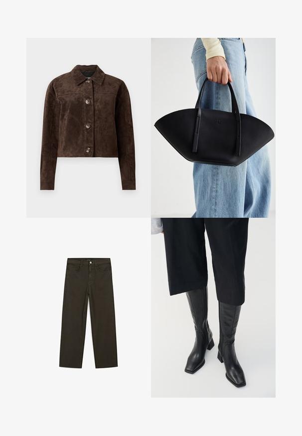 Braune Wildlederjacke mit Kragen, vorderem Knopfverschluss, zwei seitlichen Taschen und cropped Design. Glatte Textur und strukturierte Form.; Schwarzes kurzärmeliges V-Ausschnitt-T-Shirt mit einem schlichten, taillierten Design auf einem weißen Hintergrund.; Dunkelgrüne Jeans im weit geschnittenen Style, hergestellt aus einem Baumwollgemisch. Sie verfügen über einen Frontknopfverschluss, fünf Taschen und klassische Denim-Nähte.; Schwarze Lederstiefel bis zum Knie mit quadratem Zehen und Blockabsatz. Mit einem seitlichen Reißverschluss und glatter Textur.; Schwarze Lederhandtasche mit einzigartiger Fächerform, ausgestattet mit flachen Griffen. Die Oberfläche hat eine genoppte Textur und ein minimalistisches Design.