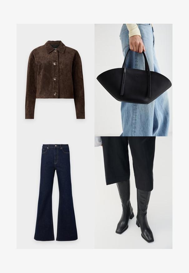 Brūns zamšs mētelis ar apkakli, priekšējo pogu aizdari, divām sānu kabatām un īsu dizainu. Gluda tekstūra un strukturēta forma.; Brūns, garām piedurknēm ribots tops ar apaļu kakla izgriezumu. Izgatavots no gludas, elastīgas materiāla, ar pieguļošu siluetu un minimālu apdari.; Tumši zili izplūduši džinsi ar augstu vidukli, priekšējām kabatām un zelta izšuvuma akcentiem. Gluda tekstūra ar tradicionālu griezumu.; Melni ādas zābaki līdz ceļiem ar kvadrātu purngalu un bloku papēdi. Iekļauj sānu rāvējslēdzēju un gludu tekstūru.; Melnas ādas rokassoma ar unikālu ventilatora formu, aprīkota ar plakaniem rokturiem. Virsma ir ar graudainu faktūru un minimālistisku dizainu.