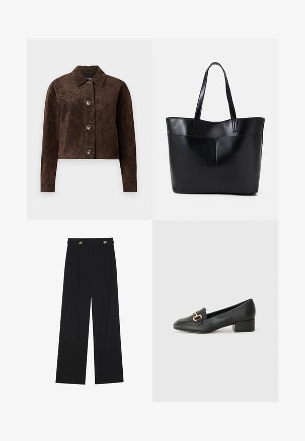 Brun mockaskinnjacka med krage, knappstängning framtill, två sidofickor och kort design. Slät textur och strukturerad form.; Svart topp med korta, genomskinliga volangärmar, rund halsringning och ett mjukt, slätt tyg. Enkel design utan ytterligare mönster eller accenter.; Svarta vida byxor med hög midja, knäppdetaljer i midjan och framfickor.; Svarta läderloafers med platt klack, med en dekorativ detalj i guld framtill och en mjuk textur.; Svart läder tote-väska med två långa handtag, en slät yta och en strukturerad form. Har en framficka för extra förvaring.
